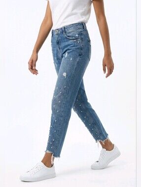 Zara Blue Distressed Straight-Leg Jeans with Pearl & Stud Accents